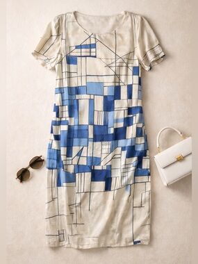 Sportmax Silk Shift Dress Cream Blue Abstract Art Print Italy Designer 12